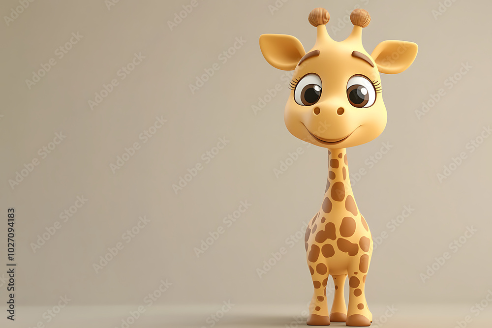 Obraz premium A cheerful cartoon giraffe with big eyes and a friendly smile, standing against a neutral background.