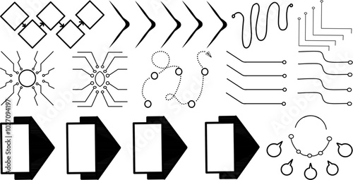 Vector Collection of Abstract Flowchart Elements, Arrows, Circuit Patterns, and Process Diagrams for Infographics, Data Visualization, and Technology Design