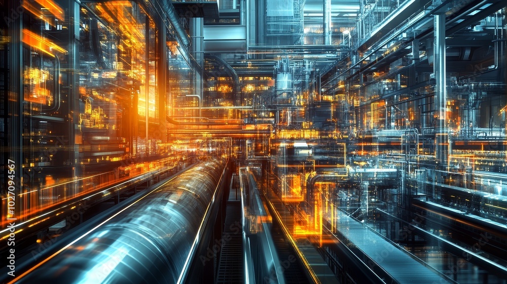 Futuristic network with glowing pipes in a high-tech space Futuristic network with glowing pipes in a high-tech space