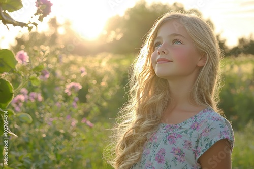 Young girl enjoying nature at sunset, soft light, floral background, serene expression.