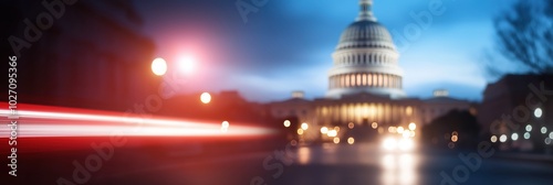 A striking photo capturing the Capitol building illuminated in the background with blurred light trails in the foreground, highlighting contrast between motion and stability.