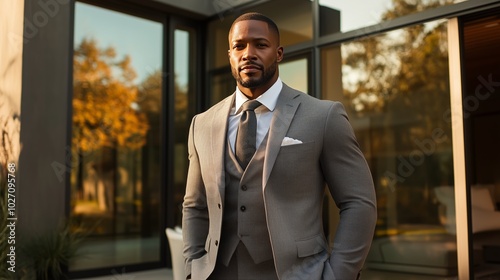 A black man in his late thirties wearing an elegant grey suit, standing confidently at the entrance of a modern home with large windows and glass walls