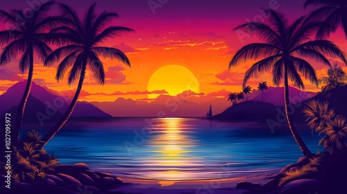 Tropical Sunset with Palm Trees