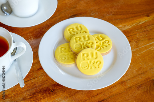  R U OK Day Australia, fundraising morning tea, yellow themed biscuit, mental health depression advocacy, suicide prevention awareness