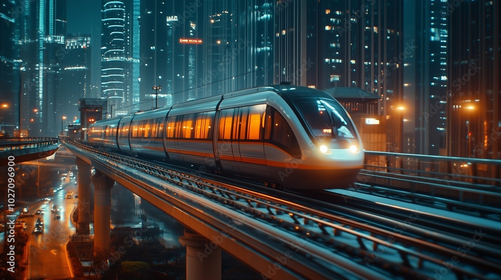 A high-speed monorail train moving through the city at night A high-speed monorail train moving through the city at night