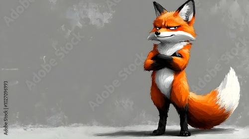Stylized Anime-Inspired Orange Fox Character Standing with Arms Crossed on Gray Background