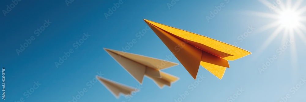 A trio of paper airplanes in vibrant colors fly against a bright blue sky, symbolizing creativity, freedom, and playful imagination on a sunny day. A trio of paper airplanes in vibrant colors fly against a bright blue sky, symbolizing creativity, freedom, and playful imagination on a sunny day.
