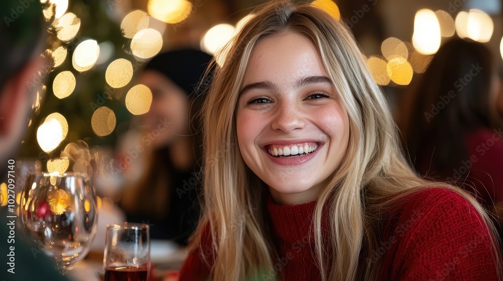 Young woman smiling in cozy holiday setting Young woman smiling in cozy holiday setting