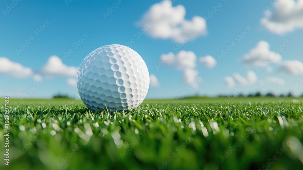 Golf Ball on the Green under Blue Sky and Clouds Golf Ball on the Green under Blue Sky and Clouds