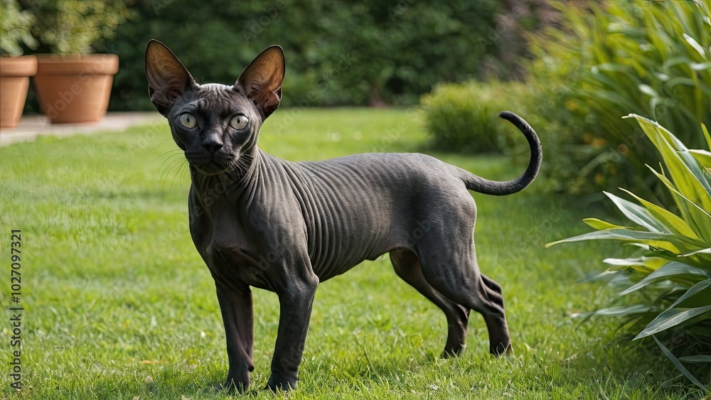 Black sphynx cat in the garden Black sphynx cat in the garden