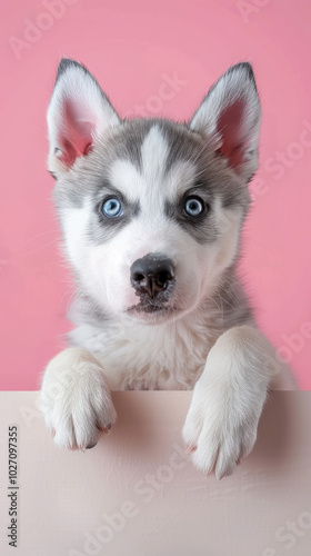 Siberian Husky puppy dog peeking out from the edge of a blank billboard with his paws on the bottom edge and his head facing forward on a cute and adorable pastel background