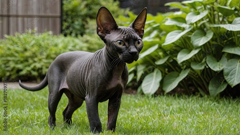 Black sphynx cat in the garden Black sphynx cat in the garden