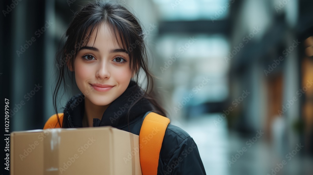 A young woman carrying out delivery service, holding the box in her hand and smiling at camera, on street background