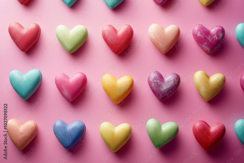 Colorful hearts on a soft pink background ideal for romantic themes Colorful hearts on a soft pink background ideal for romantic themes