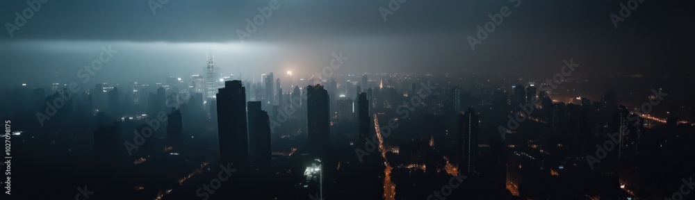 Fototapeta premium A breathtaking nighttime cityscape shrouded in fog, with tall skyscrapers emitting a soft glow, creating a mysterious yet enchanting urban atmosphere that captures serenity.