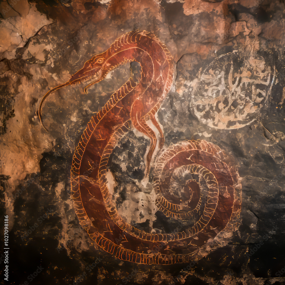 An ancient, weathered mural depicting a coiled serpent in intricate detail, surrounded by faded patterns and symbols, evoking a sense of mystery and history An ancient, weathered mural depicting a coiled serpent in intricate detail, surrounded by faded patterns and symbols, evoking a sense of mystery and history