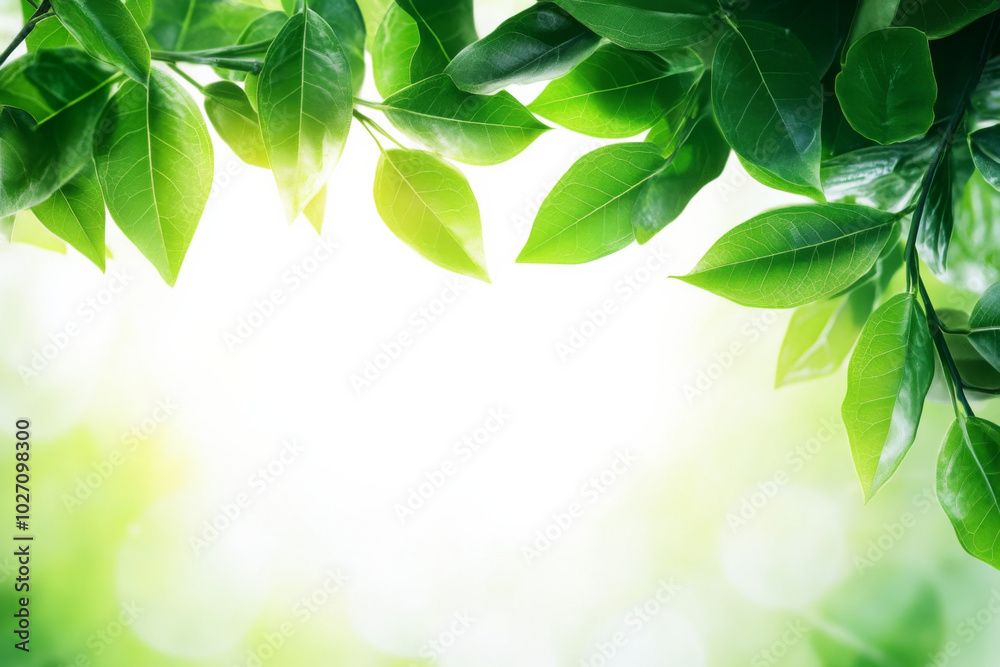 Lush green leaves basking in soft sunlight on a bright white background Lush green leaves basking in soft sunlight on a bright white background