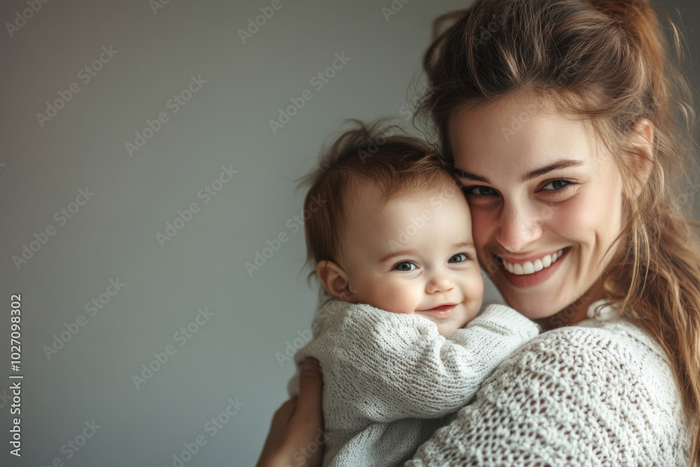Joyful mother cradling her smiling baby in a serene setting Joyful mother cradling her smiling baby in a serene setting