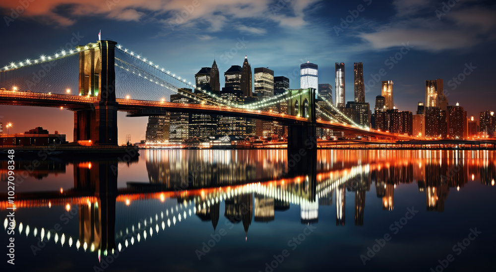 Fototapeta premium Illuminated City Skyline with Reflected Bridge