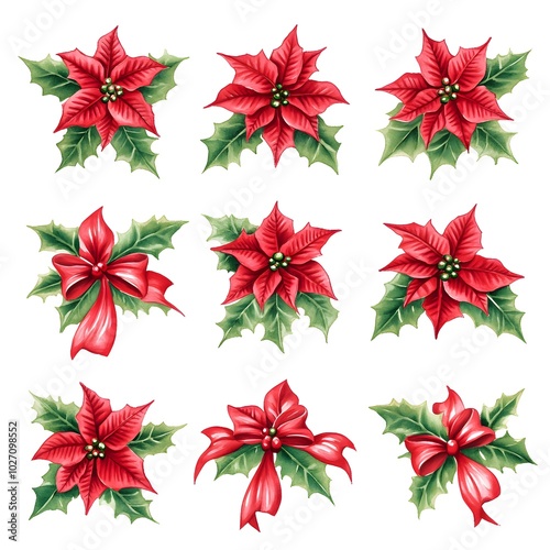 Watercolor Poinsettia Set with Holly and Bow