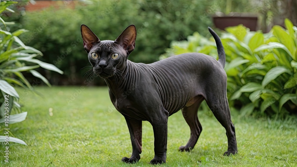 Black sphynx cat in the garden