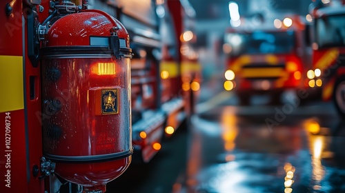 Firemen and fire trucks in the station, blurred background with copy space for text or message. photo