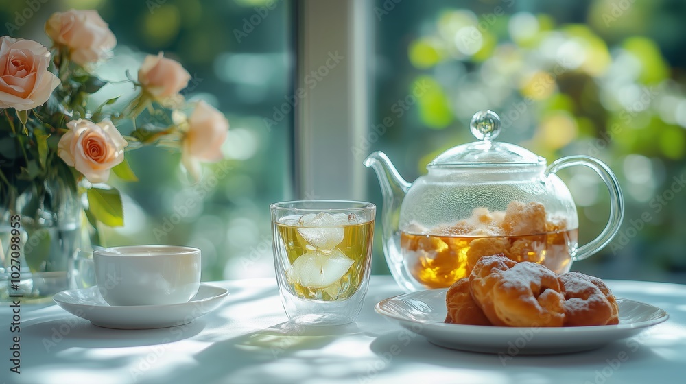 On the white table, there is an ice green tea glass and one plate of pastries on it. On the white table, there is an ice green tea glass and one plate of pastries on it.