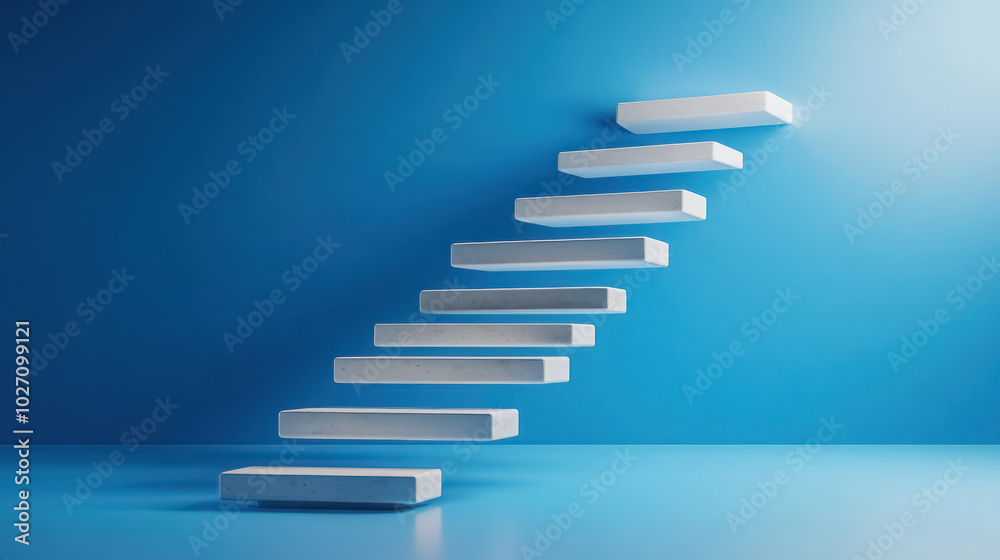 floating white staircase blocks against blue background floating white staircase blocks against blue background