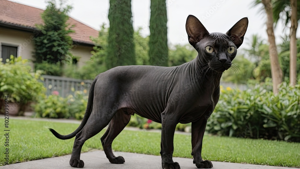 Black sphynx cat in the garden