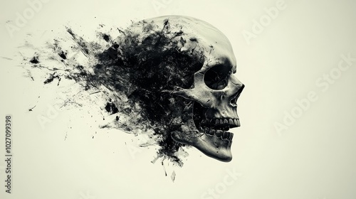 Artistic representation of a skull disintegrating into particles