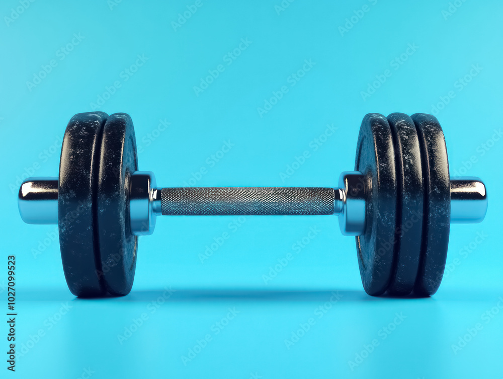 Black Dumbbell on Vibrant Blue Background for Fitness Black Dumbbell on Vibrant Blue Background for Fitness
