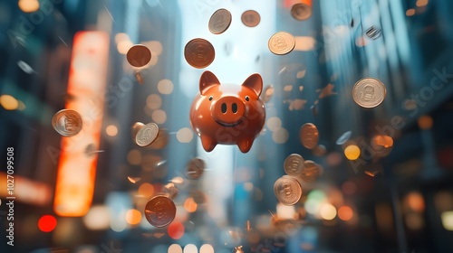 A Piggy Bank Floating in the Air with Coins Raining Down photo