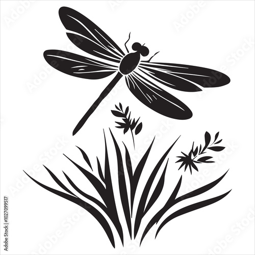 Simple vector logo of a dragonfly and flowers on grass, in pure black and white background.

