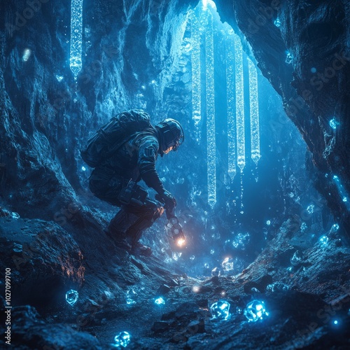 A lone explorer in a cavernous environment, illuminated by bioluminescent crystals. photo