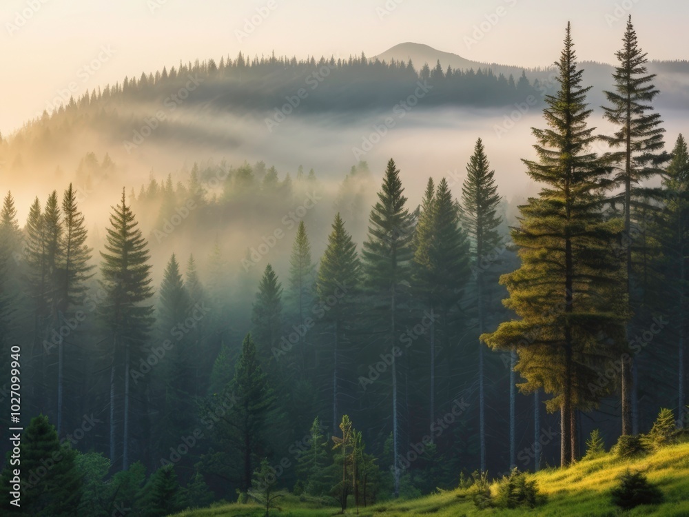 Obraz premium Lush Pine Trees in Foggy Mountain Landscape 