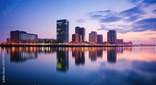 Vibrant Cityscape at Sunset Reflection