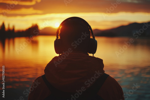 Person in headphones stands by serene water during vibrant sunset