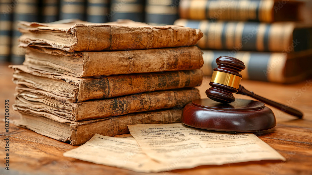 Judge gavel resting on sound block near stack of old law books on wooden table Judge gavel resting on sound block near stack of old law books on wooden table