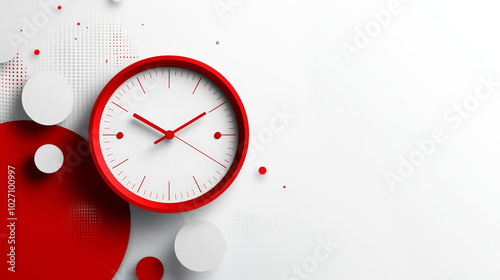 Red clock showing the time passing on a white background with red and white spheres