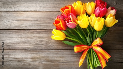 Colorful Tulip Bouquet on Wooden Table