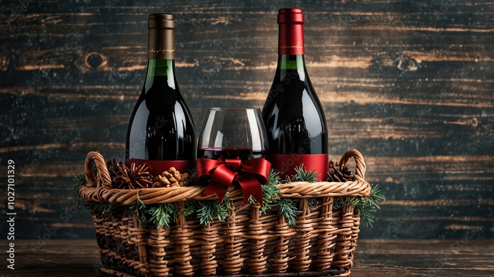 Wicker gift basket with wine and Christmas decor on light textured table Wicker gift basket with wine and Christmas decor on light textured table