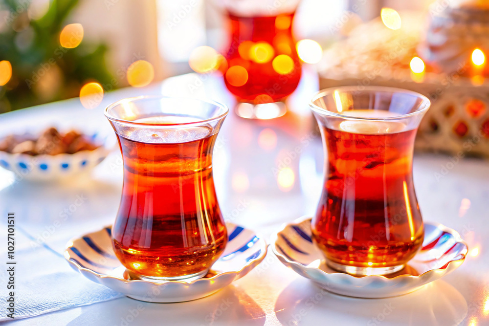 Two Glasses Of Turkish Traditional Tea On A White Table Two Glasses Of Turkish Traditional Tea On A White Table