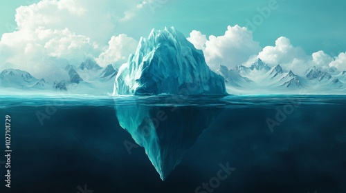 A large iceberg with its tip above water and the rest submerged in the ocean, a concept of hidden potential, unknown facts, and what lies beneath the surface.