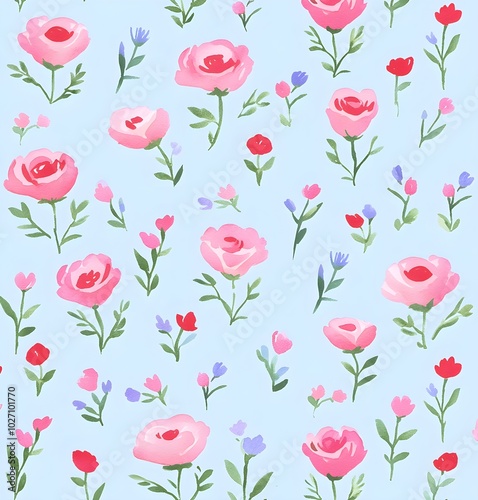 Watercolor Pink Flowers Pattern on Blue Background