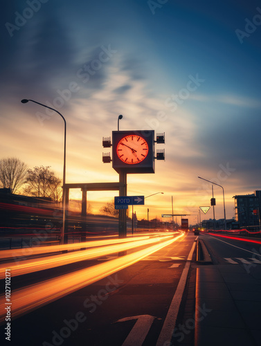 City Street at Sunset with Illuminated Clock