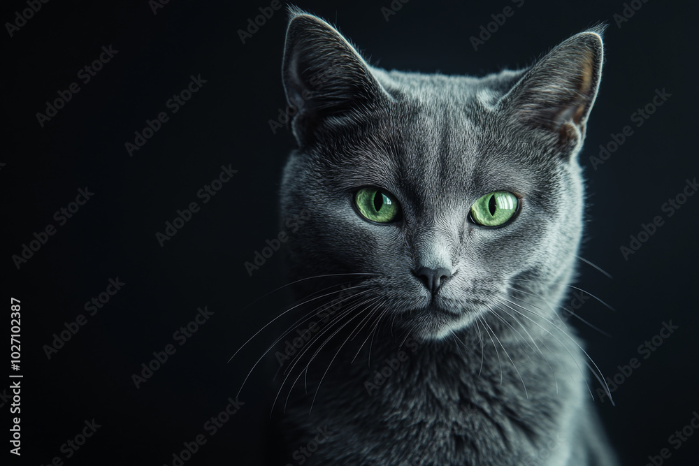 Striking portrait of a grey cat with green eyes on a black background Striking portrait of a grey cat with green eyes on a black background