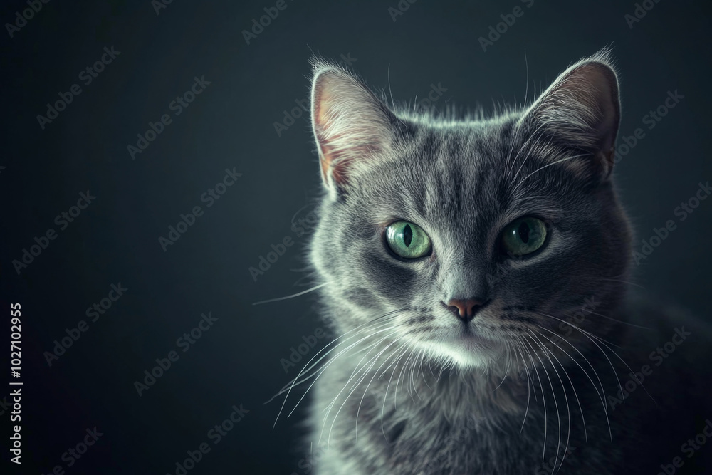 A charming grey cat portrait showcasing striking green eyes in high resolution A charming grey cat portrait showcasing striking green eyes in high resolution
