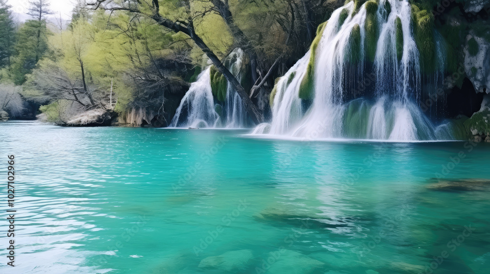 Tranquil Waterfall Cascading Into Turquoise Lake Tranquil Waterfall Cascading Into Turquoise Lake