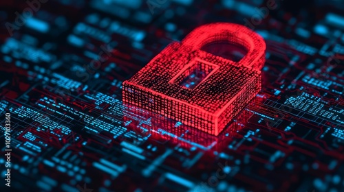 Red flagged security alert on digital financial data, Cyber Risk, Warning of a potential breach in financial information systems