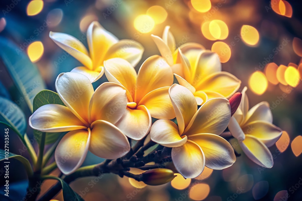 Fototapeta premium Vintage Style Closeup of Yellow and White Plumeria Flowers for Floral Photography